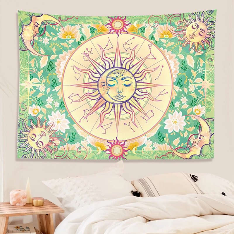 floral zodiac tropical gree indian sun moon aesthetic wall tapestry art print roomtery