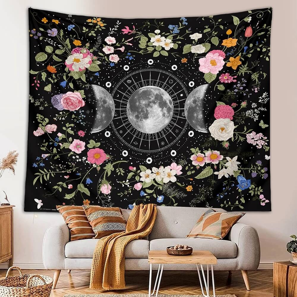 floral moon phases print aesthetic wall hanging tapestry decor roomtery