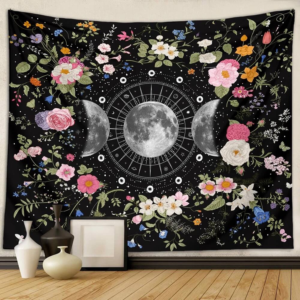 floral moon phases print aesthetic wall hanging tapestry decor roomtery