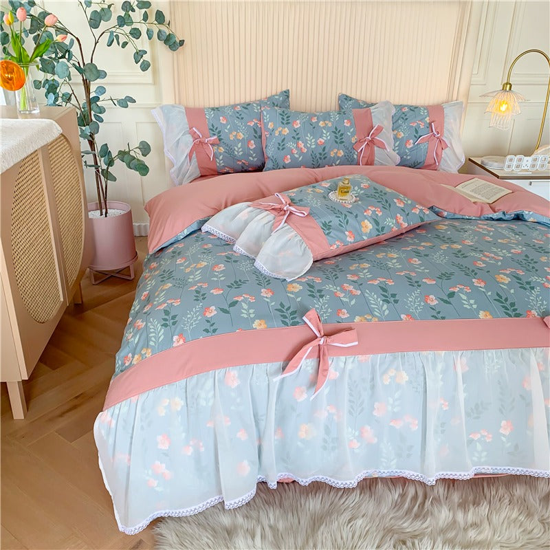 cute soft pastel color flowers bedding set bows and veil decorated cottagecore aesthetic room 