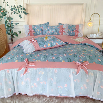cute soft pastel color flowers bedding set bows and veil decorated cottagecore aesthetic room 