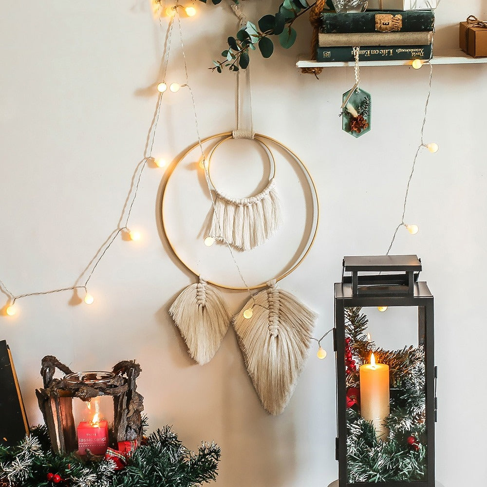 big fringe feather macrame wall hanging round dream catcher  boho aesthetic roomtery