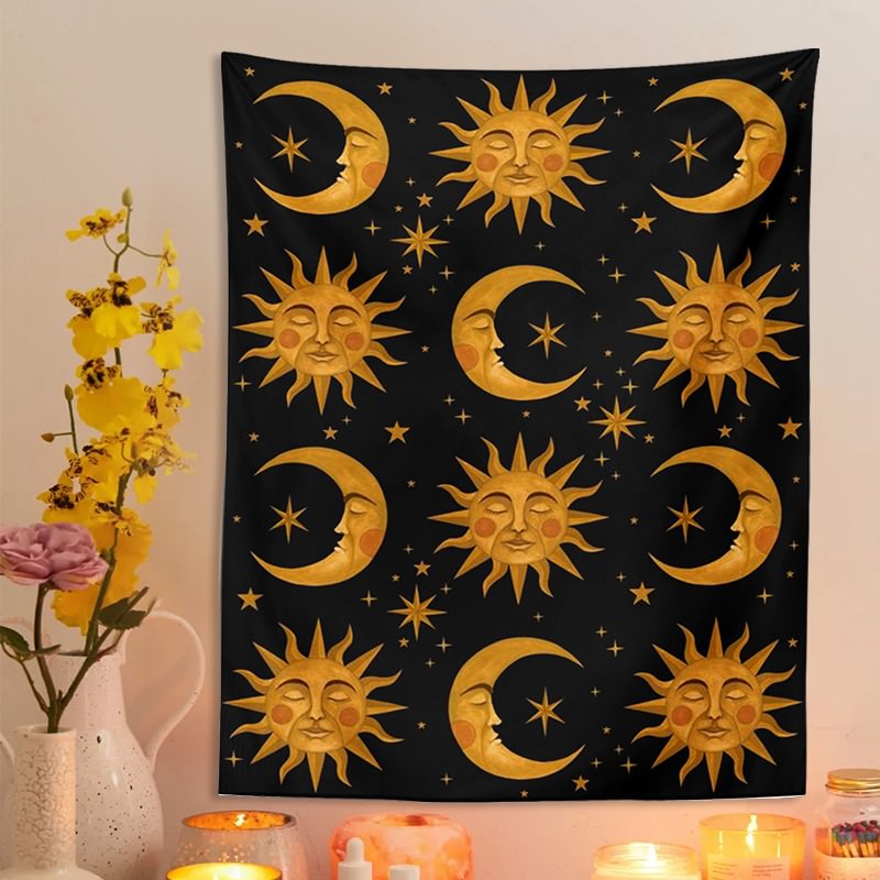 golden retro style astro aesthetic sun moon zodiac tapestry roomtery