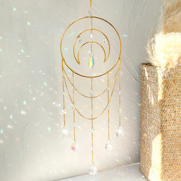golden metal frame moon shaped suncatcher light catcher aesthetic fairycore wall hanging decor roomtery