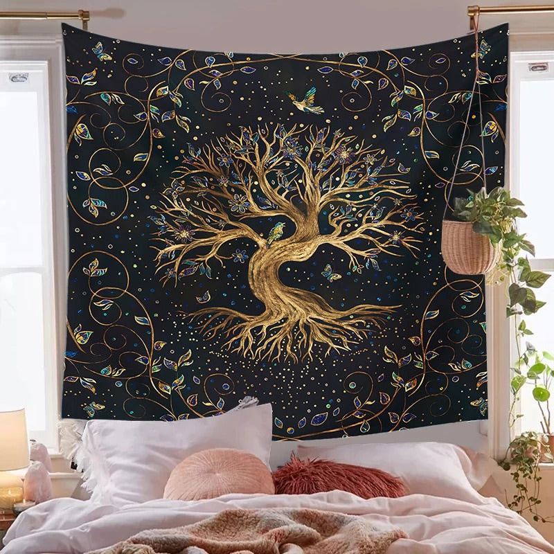 golden tree of life aesthetic tapestry wall hanging decor roomtery