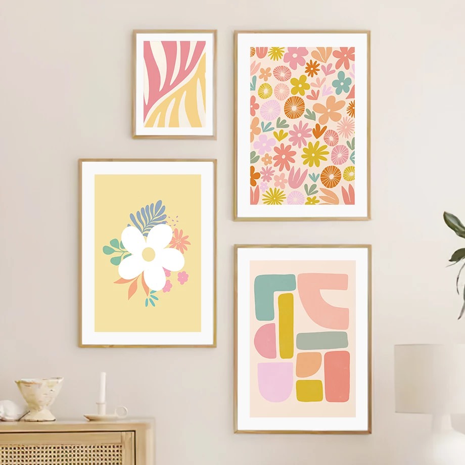 yellow flowers pastel golden floral print aesthetic wall art print roomtery