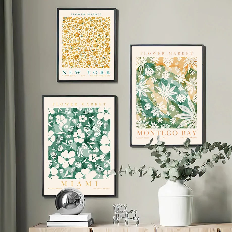 green leaves and flowers painted wall art prints aesthetic canvas posters roomtery