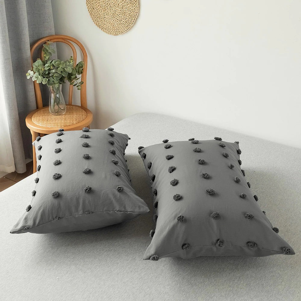 grey pom pom plush tassels soft aesthetic bedroom bedding set roomtery