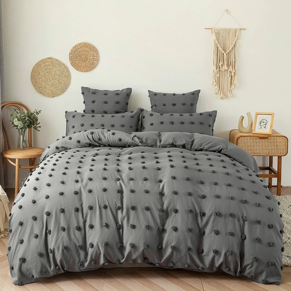 grey pom pom plush tassels soft aesthetic bedroom bedding set roomtery