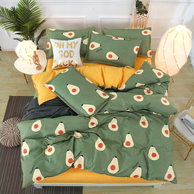 happy avocado print green and yellow color aesthetic bedding set roomtery