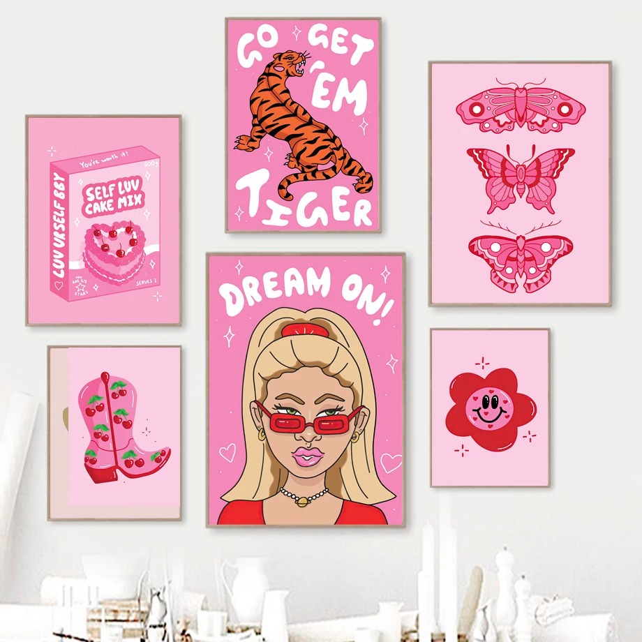 bright hot pink wall art posters soft pink girly aesthetic posters roomtery