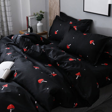 indie style cute red indie mushroom fly agaric black bedding set duvet cover set roomtery