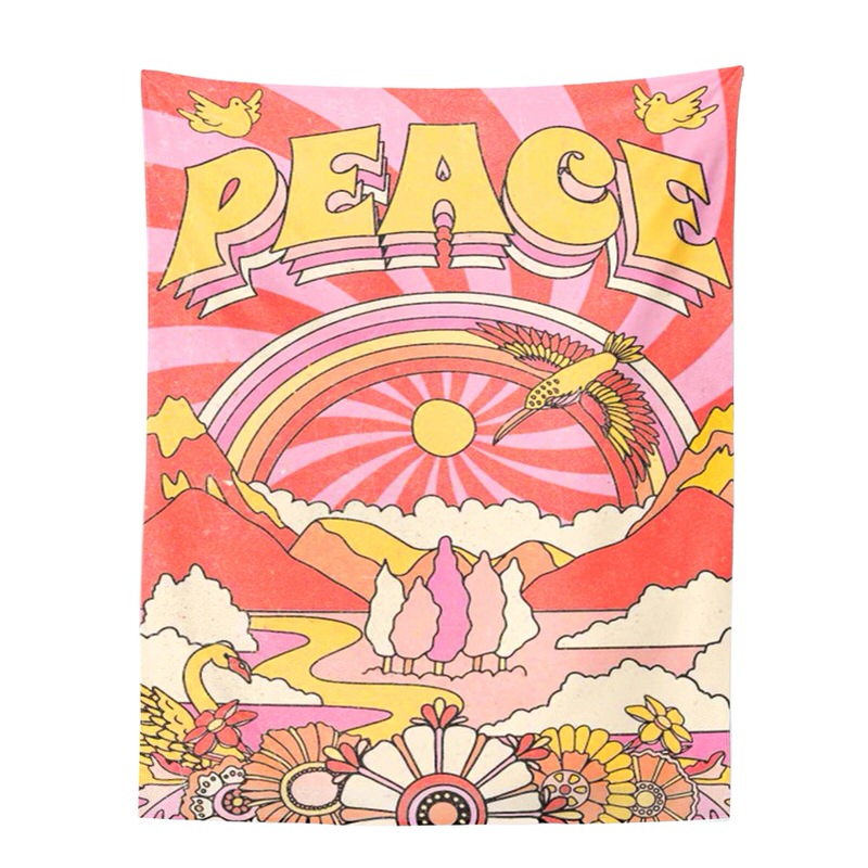 indie aesthetic peace love flowers rainbow wall hanging aesthetic tapestry roomtery