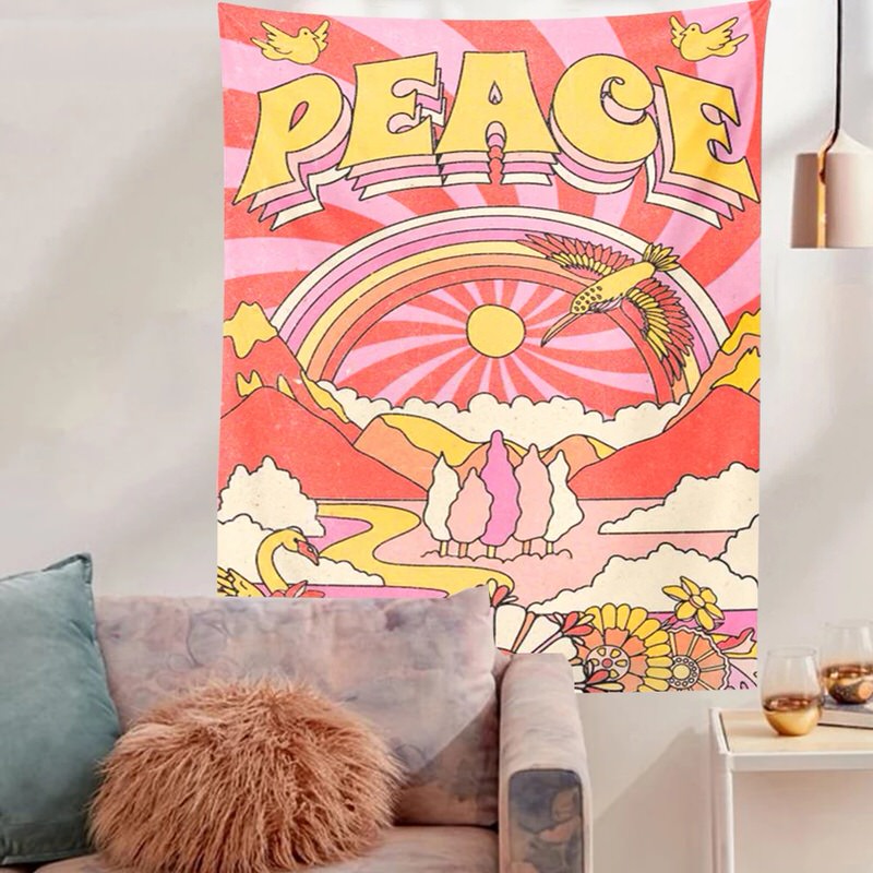indie aesthetic peace love flowers rainbow wall hanging aesthetic tapestry roomtery