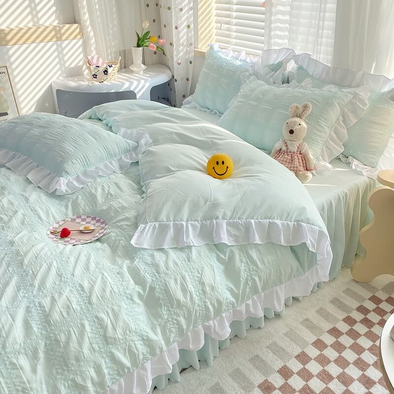 kawaii aesthetic korean riibed ruffle bedding set roomtery