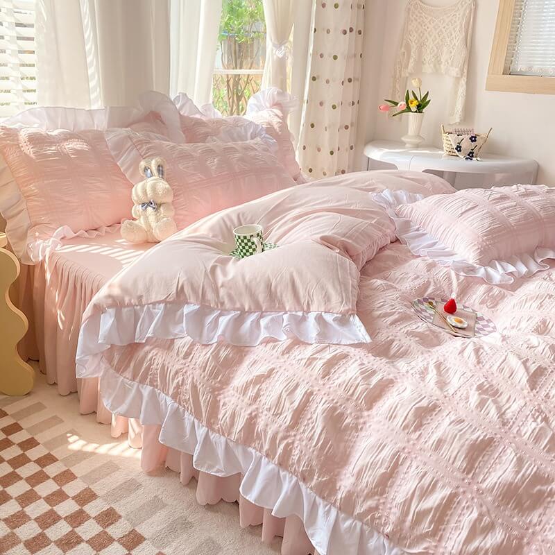 Romantic Korean Style Pink Lace Blush Pink Bedding With Ruffles