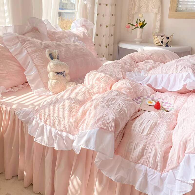 kawaii aesthetic korean riibed ruffle bedding set roomtery