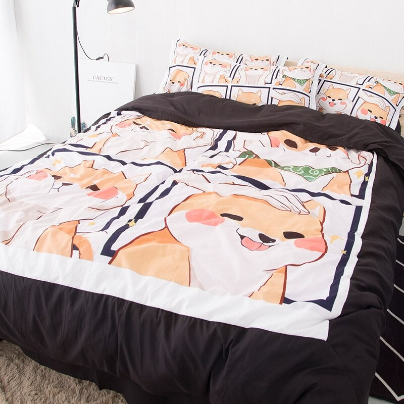 kawaii anime aesthetic room bed sheet duvet cover bedding set shiba print