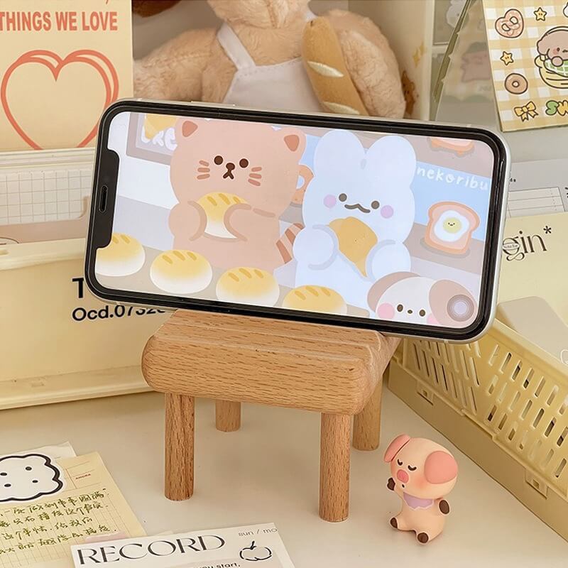 kawaii aesthetic desktop wooden chair phone holder stand roomtery