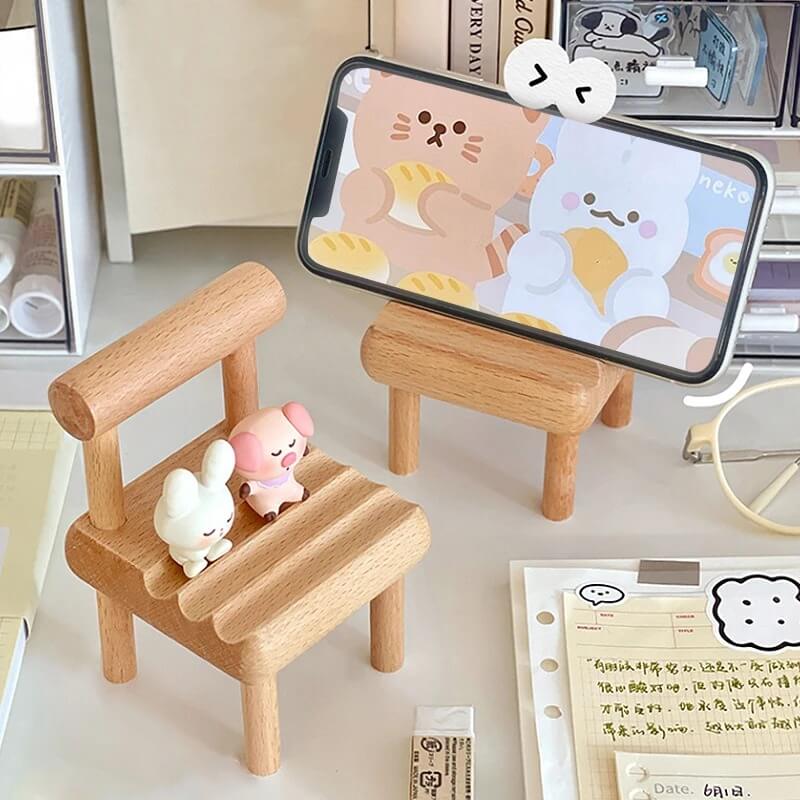 kawaii aesthetic desktop wooden chair phone holder stand roomtery