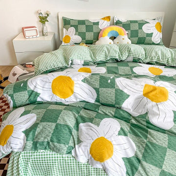 daisy flower checkered green aesthetic bedding set decor roomtery 