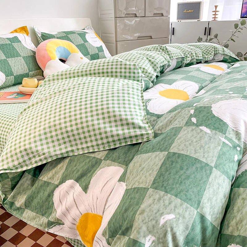 daisy flower checkered green aesthetic bedding set duvet cover decor roomtery 