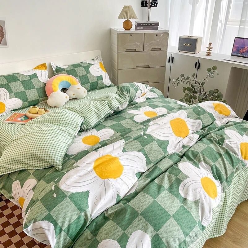 daisy flower checkered green aesthetic bedding set duvet cover decor roomtery 