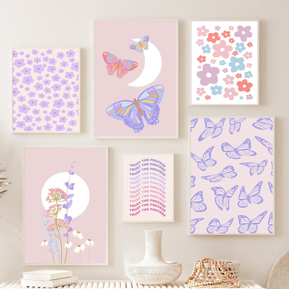 soft light purple aesthetic butterflies and flowers canvas wall art posters roomtery