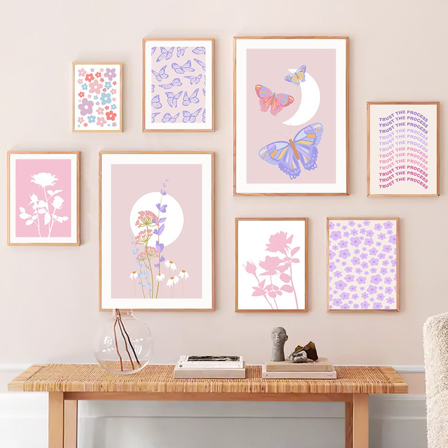 soft light purple aesthetic butterflies and flowers canvas wall art posters roomtery