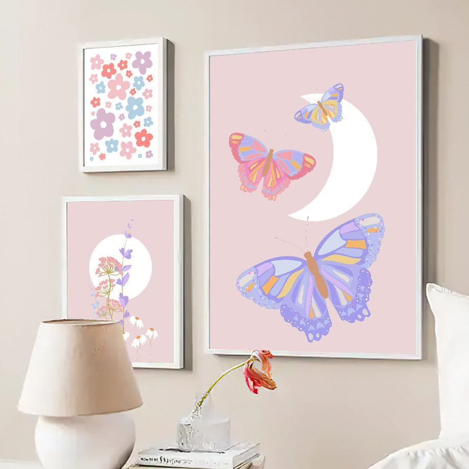 soft light purple aesthetic butterflies and flowers canvas wall art posters roomtery