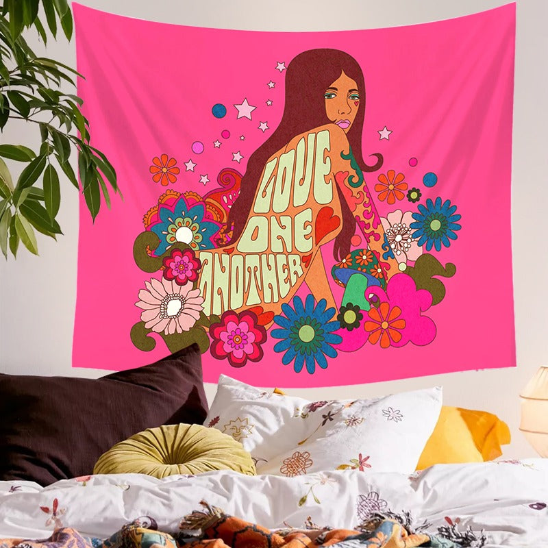 indie room aesthetic bright tapestry with girl in flowers