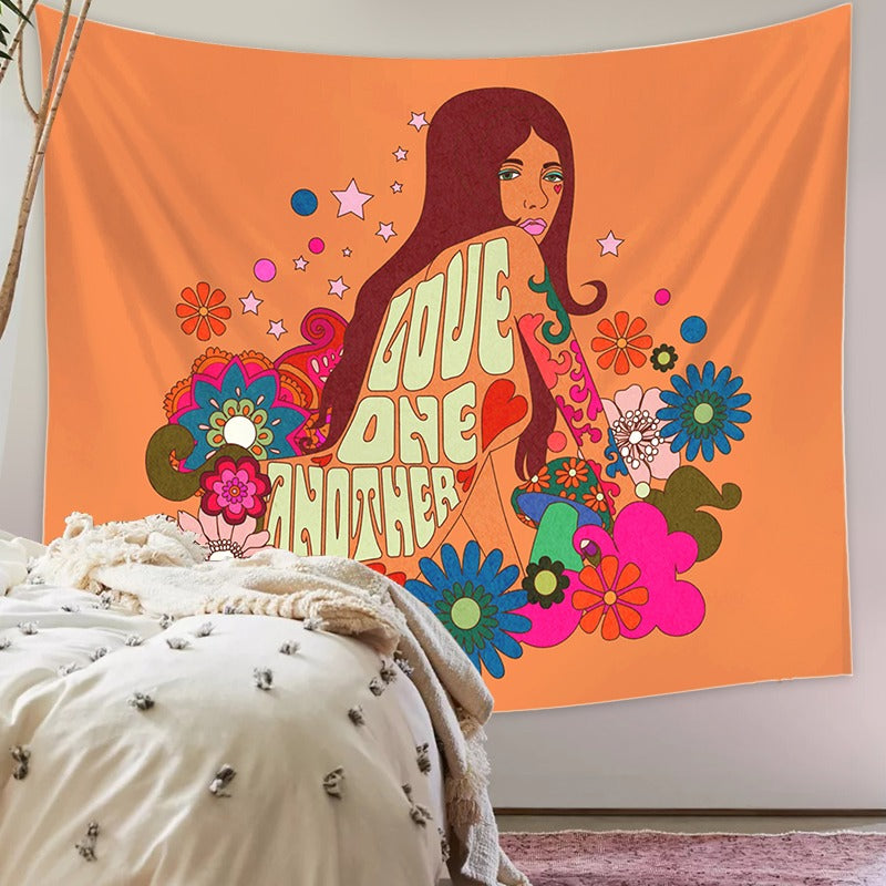 indie room aesthetic bright tapestry with girl in flowers