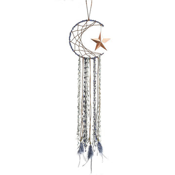 blue moon and brass star feather decorated macrame dream catcher decor roomtery