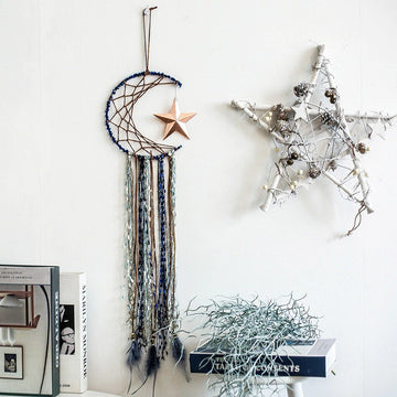 blue moon and brass star feather decorated macrame dream catcher decor roomtery