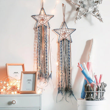 blue macrame star wall hanging dream catcher feather decorated aesthetic boho roomtery