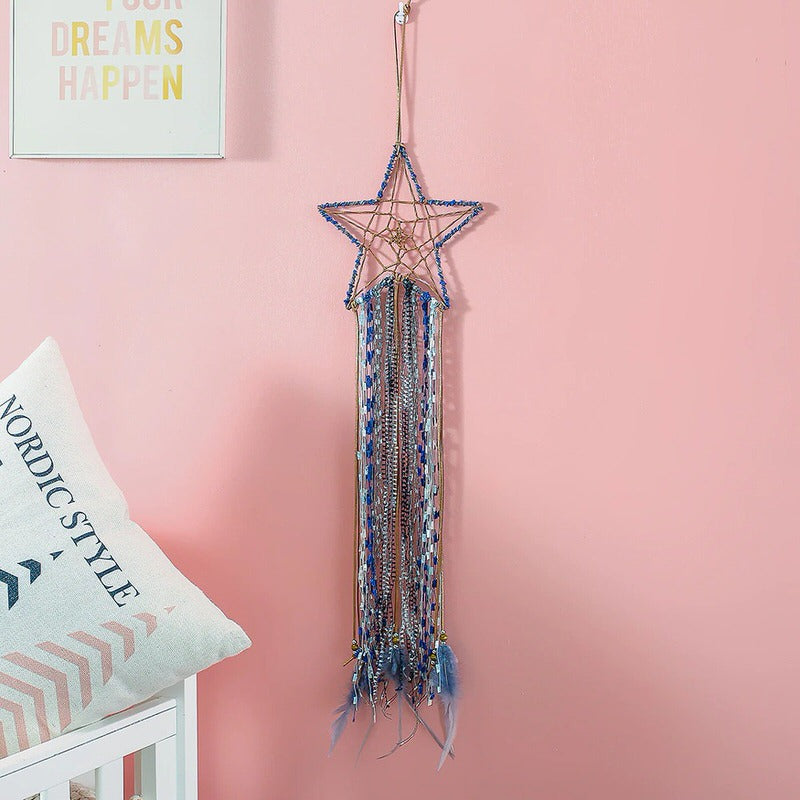 blue macrame star wall hanging dream catcher feather decorated aesthetic boho roomtery