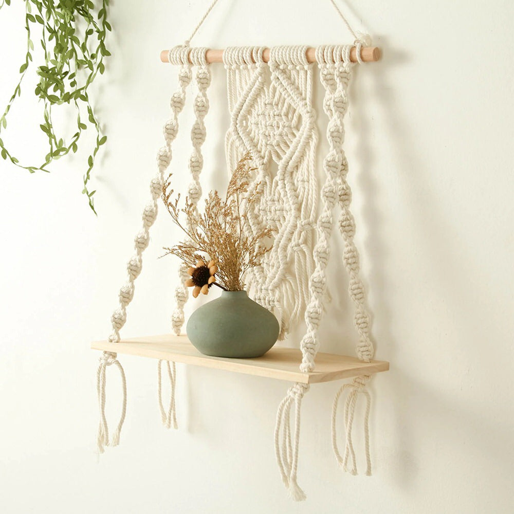 macrame wall hanging shelf boho aesthetic room decor roomtery