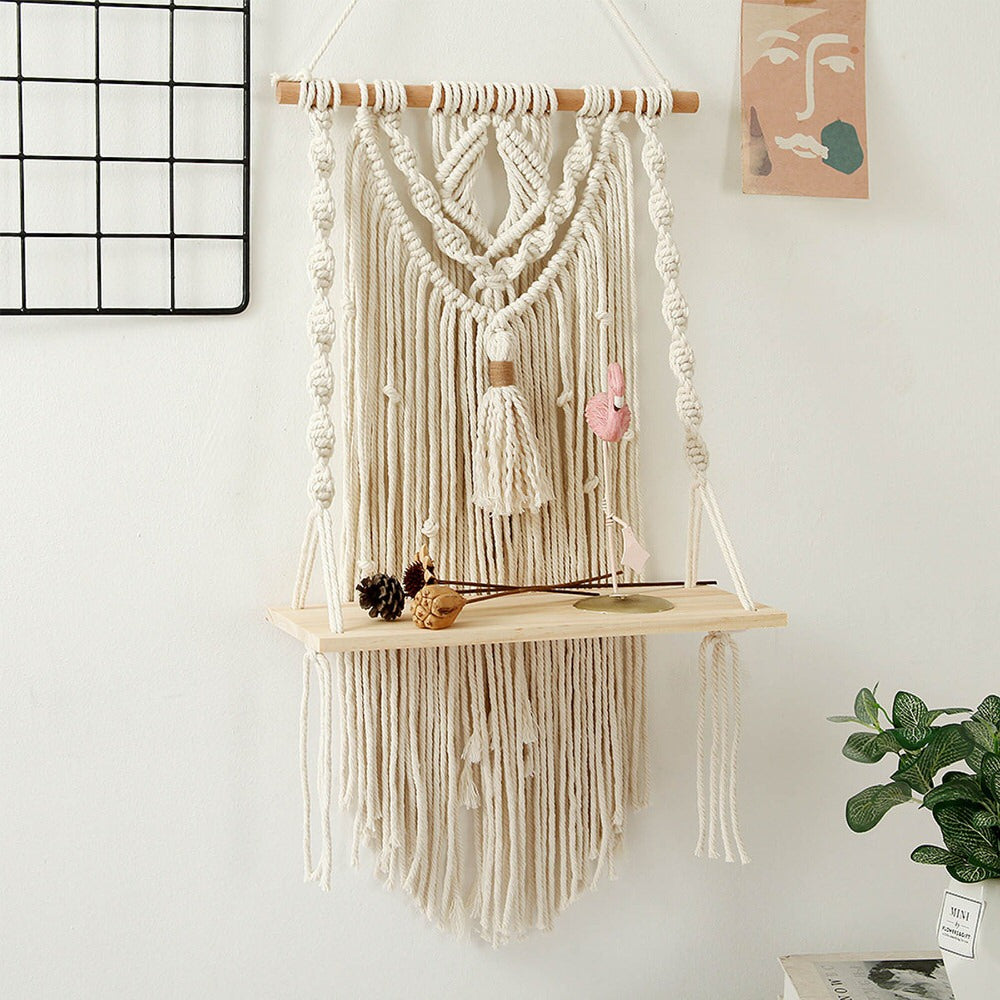 macrame wall hanging shelf boho aesthetic room decor roomtery