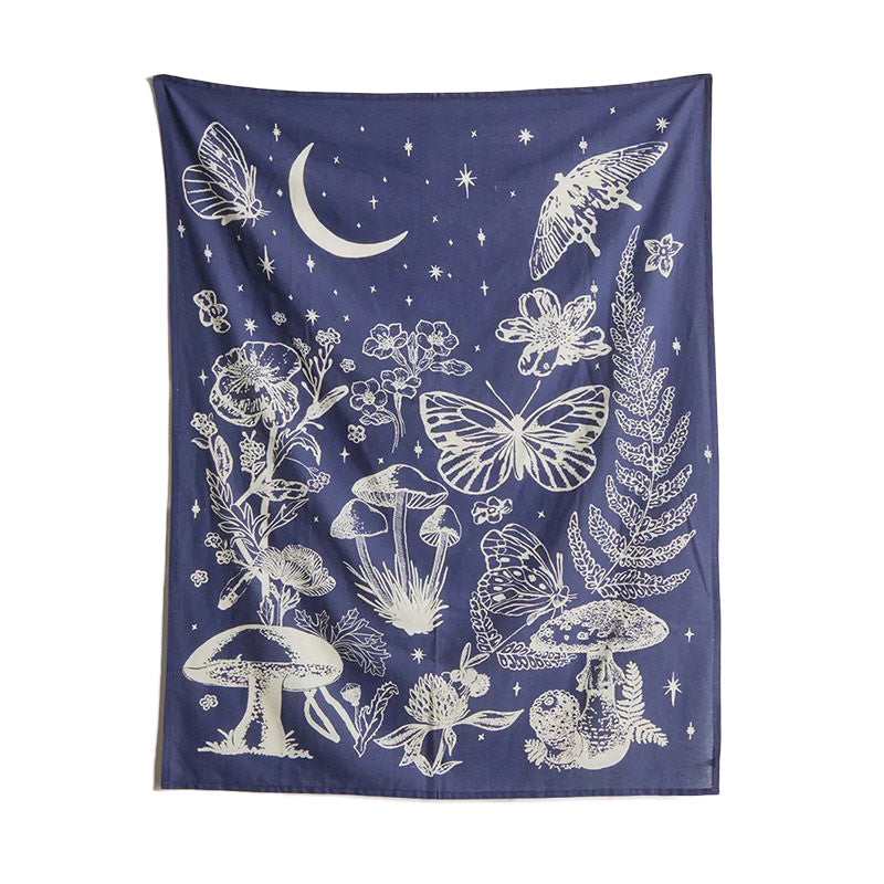 night magic forest flora and fauna monochrome tapestry fairycore aesthetic room decor roomtery