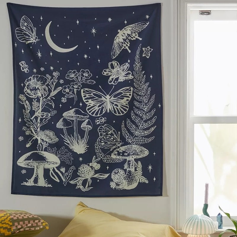 night magic forest flora and fauna monochrome tapestry fairycore aesthetic room decor roomtery