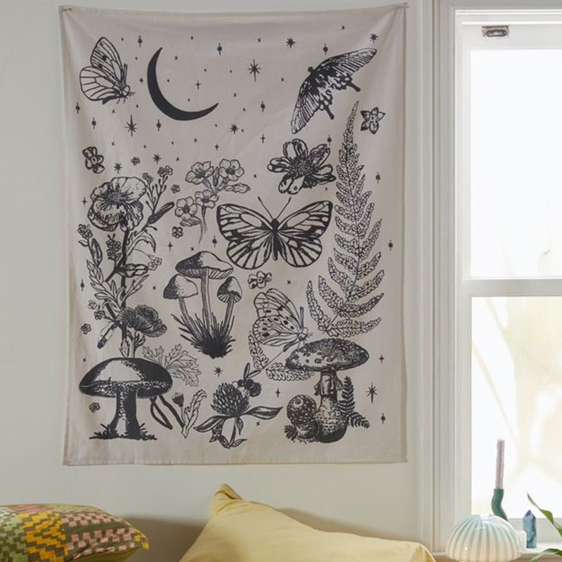 night magic forest flora and fauna monochrome tapestry fairycore aesthetic room decor roomtery