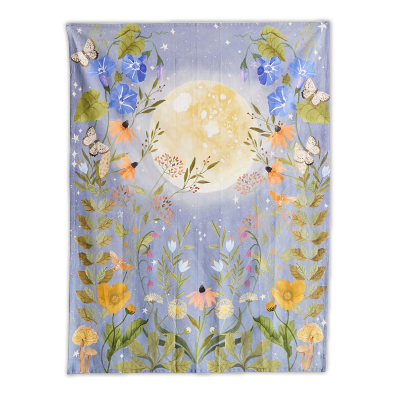 fairy room aesthetic pastel blue full moon floral print flowers and butterflies tapestry