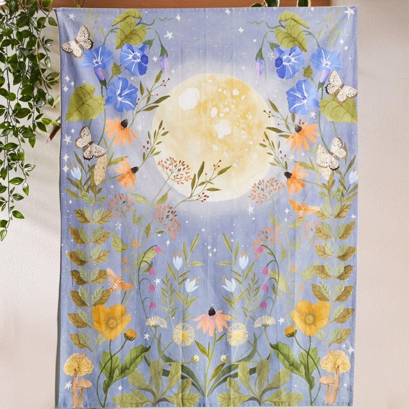 fairy room aesthetic pastel blue full moon floral print flowers and butterflies tapestry
