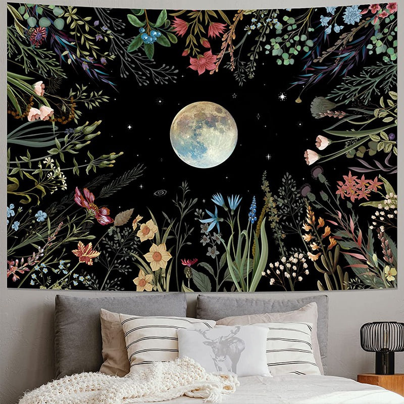 moonlit night garden moon light fairycore aesthetic wall hanging tapestry roomtery
