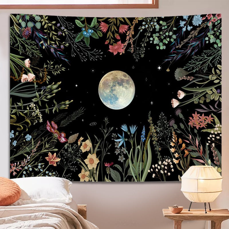 moonlit night garden moon light fairycore aesthetic wall hanging tapestry roomtery