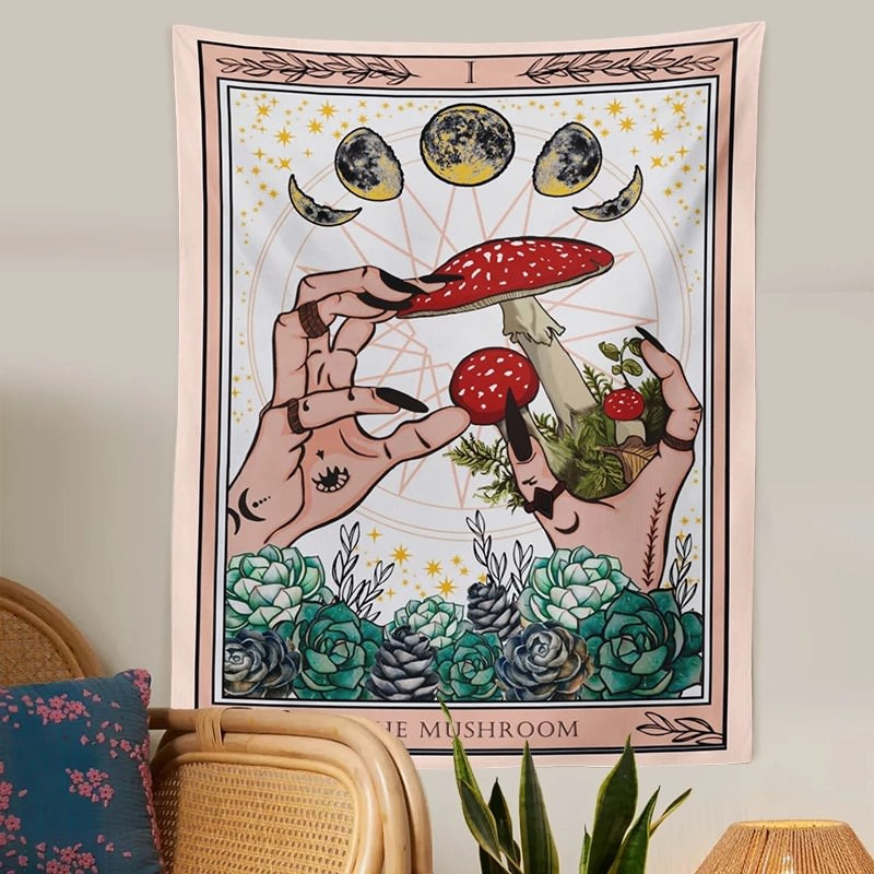 mushroom moon witchy tarot card aesthetic wall art tapestry roomtery