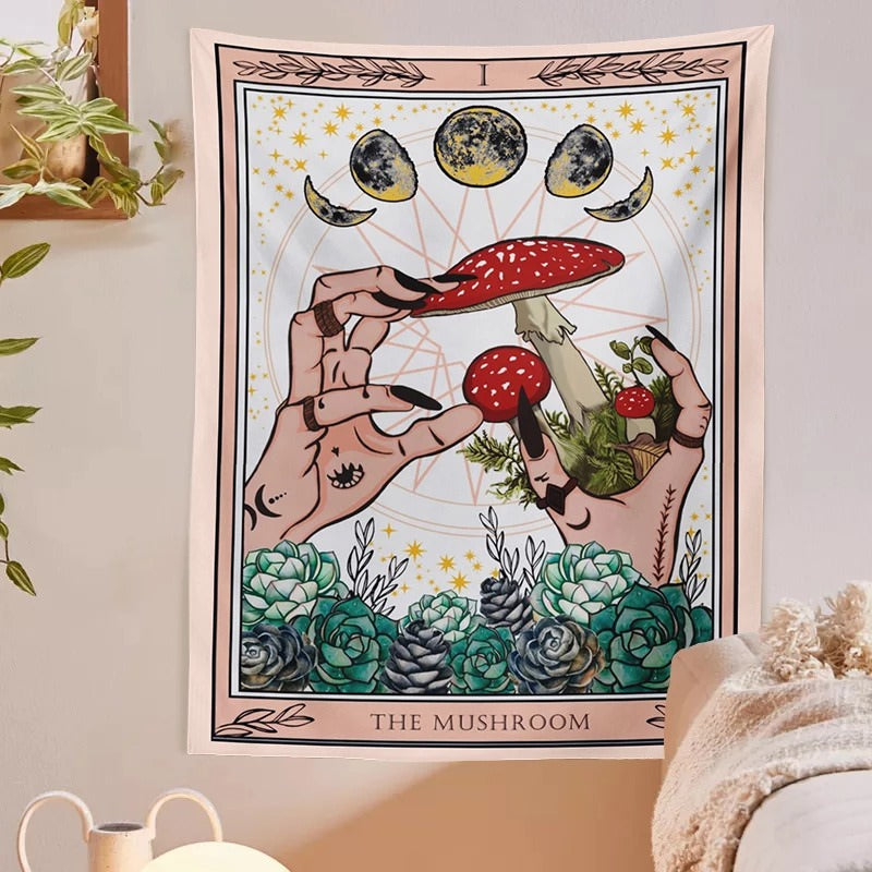 mushroom moon witchy tarot card aesthetic wall art tapestry roomtery