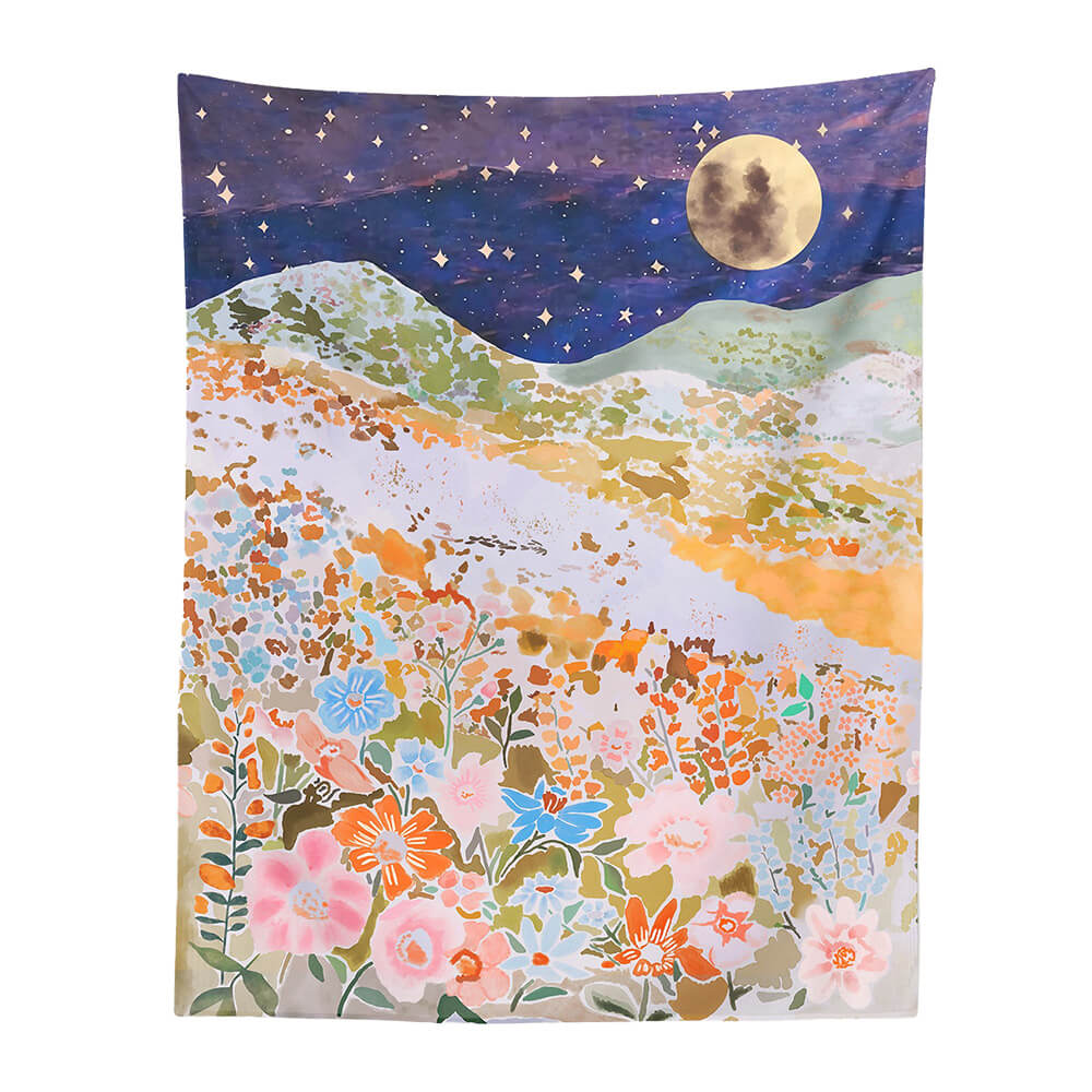night hill wildflowers moon light print aesthetic tapestry roomtery