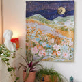 night hill wildflowers moon light print aesthetic tapestry roomtery