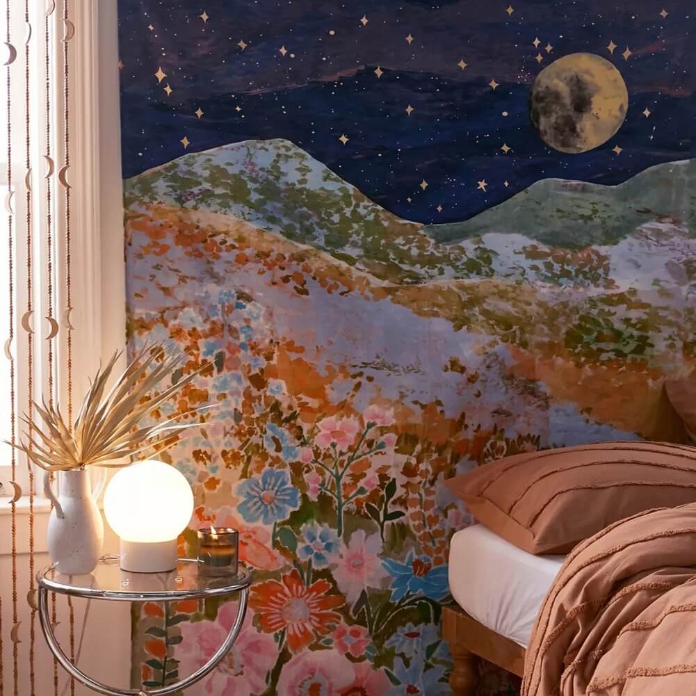 night hill wildflowers moon light print aesthetic tapestry roomtery